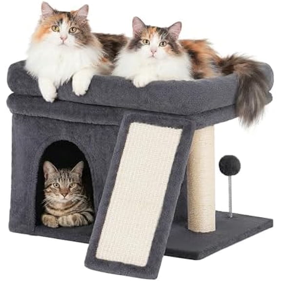 14‘’ Cat Tree Tower with Scratching Post, 20 * 16.5in Perch Bed for Large Adult Cats, Condo Cave for Indoor Small Medium Kittens, Dark Gray