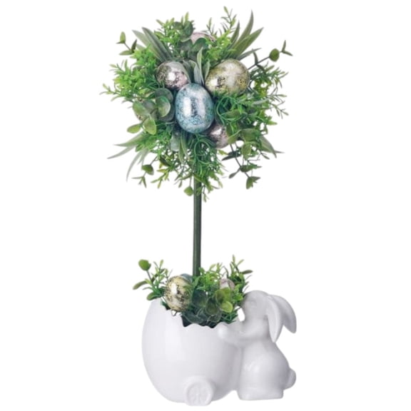 14" Ceramic Bunny Pot with Egg Topiary Easter Tabletop Decoration