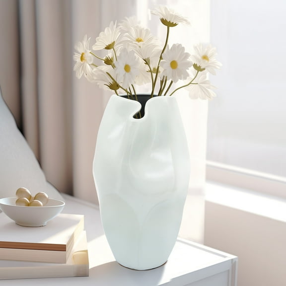 Modern Ceramic Vase - Sculptural Stoneware Flower Vase, Minimalist White Decorative Accent for Home, Office & Living Room - 14"