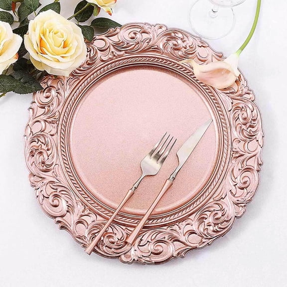 14" Charger Plates - Set of 12 - Rose Gold Disposable Chargers With Engraved Baroque Rim Round Acrylic Serving Plate For Wedding Party Events
