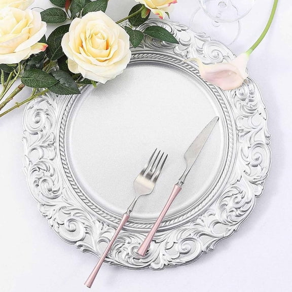 14" Charger Plates - Set of 12 - Silver Disposable Chargers With Engraved Baroque Rim Round Acrylic Serving Plate For Wedding Party Events