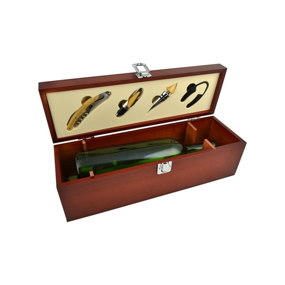 14" Cherry Wood Wine Box w Accessories