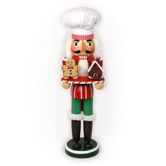 14" Christmas Gingerbread Baker Wooden Nutcracker Christmas Decoration Hand painted with Chef Hat and Gingerbread sweets. Lighthearted Christmas dcor for display collectors or gifting.