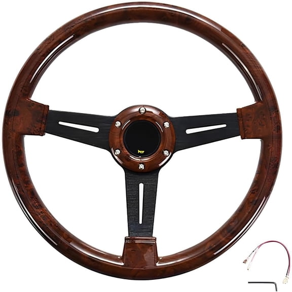 14" Classic Wood Grain Steering Wheel Riveted Light Wood Grip, Universal Automotive Steering Wheels Slotted 3 Spoke with Horn Button, 350mm 14inch Black
