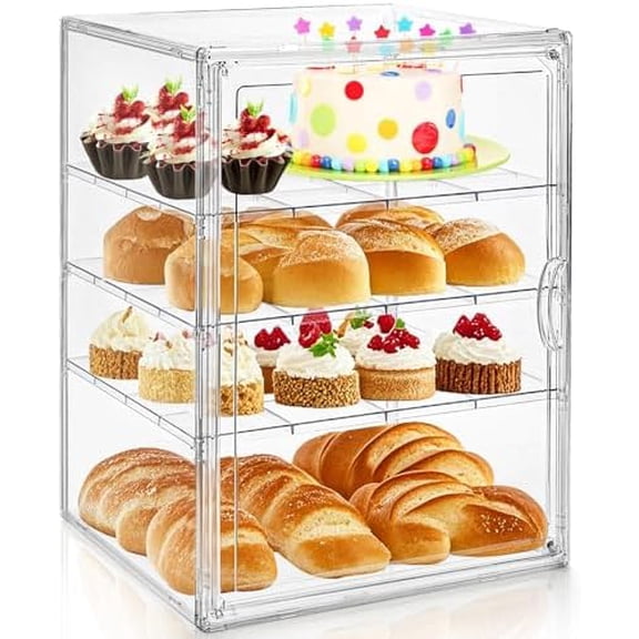 14" Clear Bread Box, 4 Tier Bakery Display Case, Bread Holder for Kitchen Counter, Pastry Bread Storage Organizer with Magnetic Door for Homemade Bread, Bagel, Muffins, Cupcake, Collectible