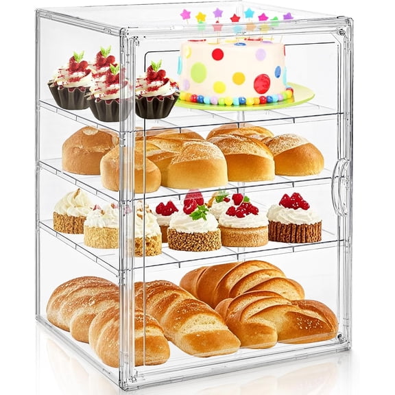 14" Clear Bread Box, 4 Tier Bakery Display Case, Bread Holder for Kitchen Counter, Pastry Bread Storage Organizer with Magnetic Door for Homemade Bread, Bagel, Muffins, Cupcake, Collectible