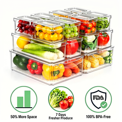 14 Pack Clear Fridge Organizers with Lids, Stackable Food Storage Containers with Drain Board, Kitchen Produce Saver for Fruit, Vegetable and Meat