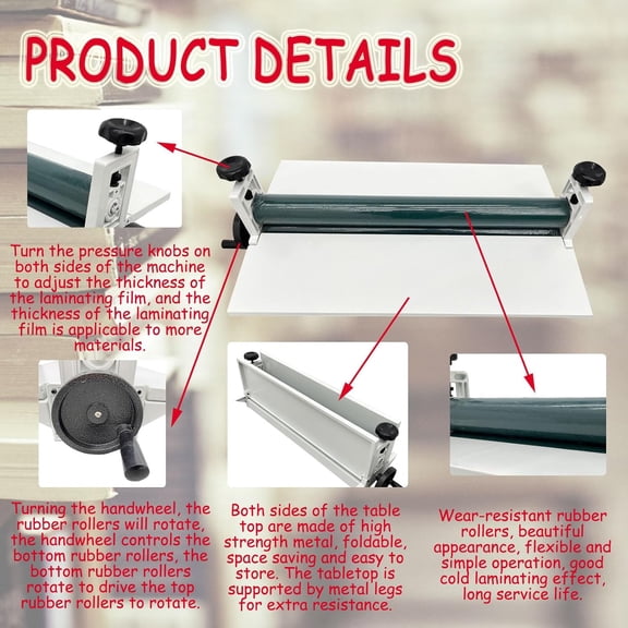 14" Cold Laminator Machine All Metal Desktop Laminator with Hand Crank Pressure, Foldable Work Table & Adjustable Roller Portable Cold Roll Laminating for Posters/Photos/Artworks$$Office