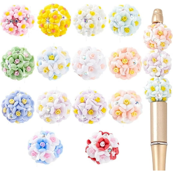 14 Colors 20mm Flower Clay Beads Candy Spring Color Glitter Spacer Beads for Pen Decoration Bling Rose Beads Rhinestone Craft Beads for Bracelet Making Chirstmas Gift 1set