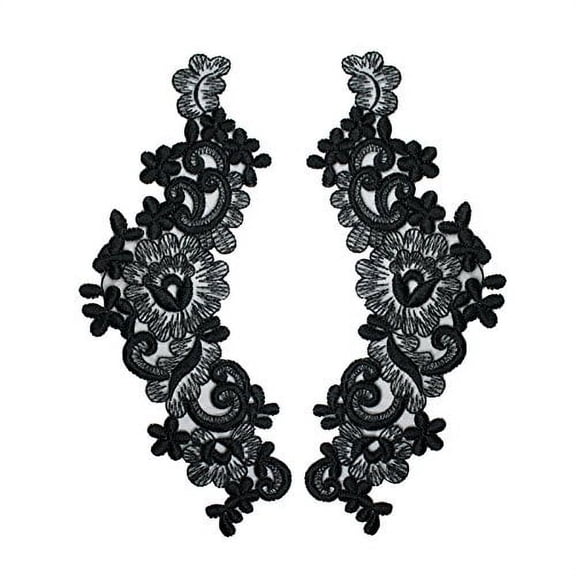 14 Colors 9"x3" Floral Embroidered Sheer Organza Motif Applique Patch by Pair (2 Pieces) (Black)