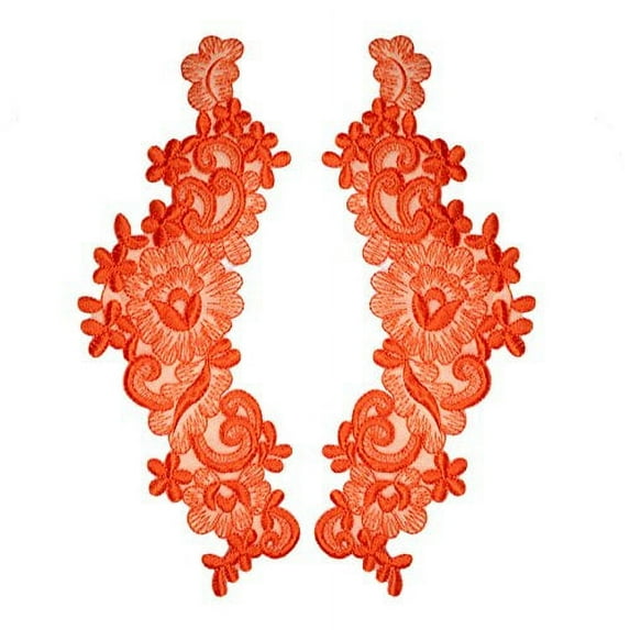 14 Colors 9"x3" Floral Embroidered Sheer Organza Motif Applique Patch by Pair (2 Pieces) (Orange)