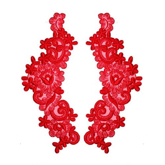 14 Colors 9"x3" Floral Embroidered Sheer Organza Motif Applique Patch by Pair (2 Pieces) (Red)