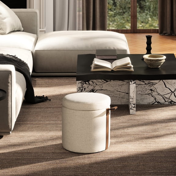 14" Compact Linen Ottoman / Storage and Decor for Small Rooms