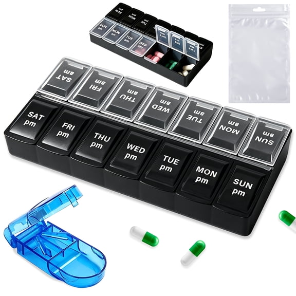 14-Compartment Foldable Pill Organizer | START MAKERS 2Pcs Weekly Pill Organizer with Pill Cutter Leak-Proof & Portable Weekly Pill Case for Travel, Home, and Daily Medication