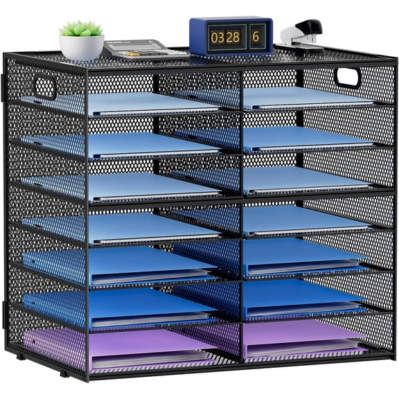 14 Compartments Paper Organizer for Desk, Mesh Literature Organizer, Mail File Sorter Tray with Handle, Desktop Mailbox for Office Classroom Home, Black