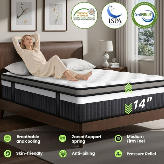 14 in Gel Memory Foam Mattress, King Mattress in a Box, Medium Firm Feel, Individually Wrapped Coils, CertiPUR-US Certified, Pressure Relieving