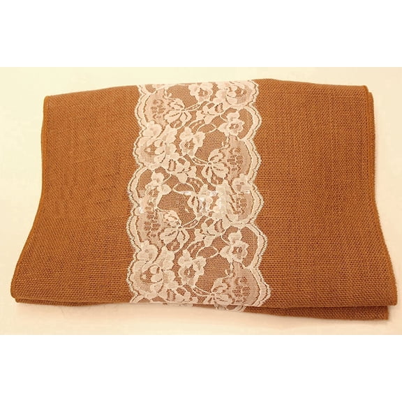 Copper Burlap Table Runner 14 Inch Wide with White Lace Center