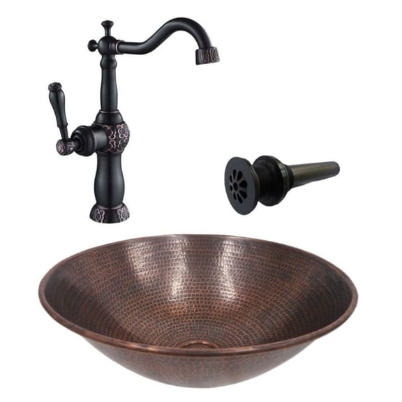 14" Copper Vessel Bath Sink Daisy Drain & ORB Faucet Included