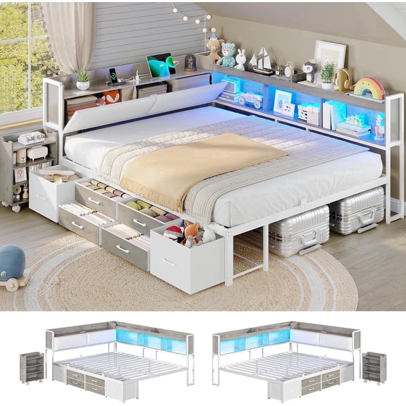 14‘’ Corner Bed Frame with Pull-Out Cabinet, Upholstered Full LED Daybed with Storage Bookcase & Headboad and Charging Station, Metal Platform Bed for Bedroom& Apartment Gray& White