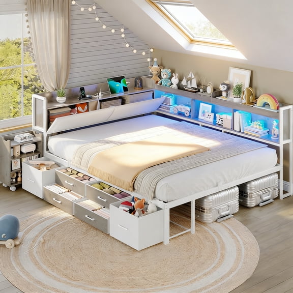 14‘’ Corner Bed Frame with Pull-Out Cabinet, Upholstered Full LED Daybed with Storage Bookcase & Headboad and Charging Station, Metal Platform Bed for Bedroom& Apartment Gray& White