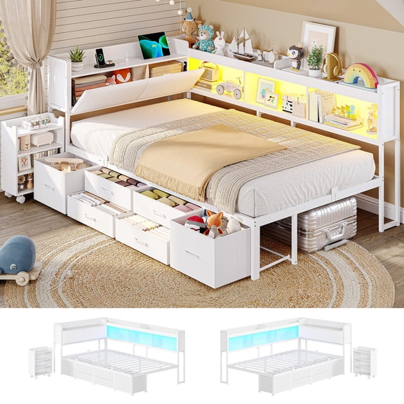 14‘’ Corner Bed Frame with Pull-Out Cabinet, Upholstered Twin LED Daybed with Storage Bookcase & Headboad and Charging Station, Metal Platform Bed for Bedroom& Apartment Brown