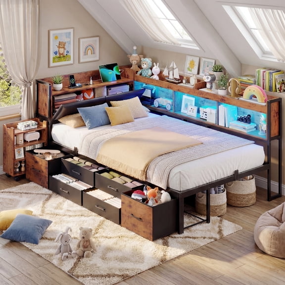14‘’ Corner Bed Frame with Pull-Out Cabinet, Upholstered Twin LED Daybed with Storage Bookcase & Headboad and Charging Station, Metal Platform Bed for Bedroom& Apartment Brown
