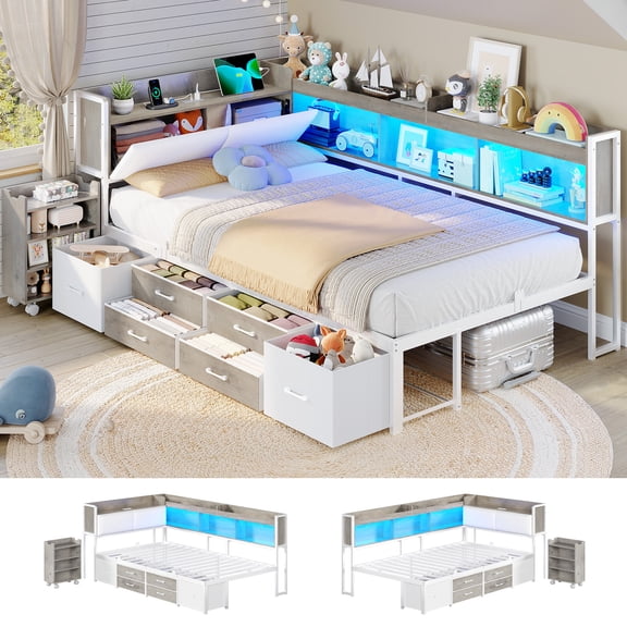 14‘’ Corner Bed Frame with Pull-Out Cabinet, Upholstered Twin LED Daybed with Storage Bookcase & Headboad and Charging Station, Metal Platform Bed for Bedroom& Apartment Gray& White
