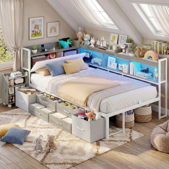 14‘’ Corner Bed Frame with Pull-Out Cabinet, Upholstered Twin LED Daybed with Storage Bookcase & Headboad and Charging Station, Metal Platform Bed for Bedroom& Apartment Gray& White