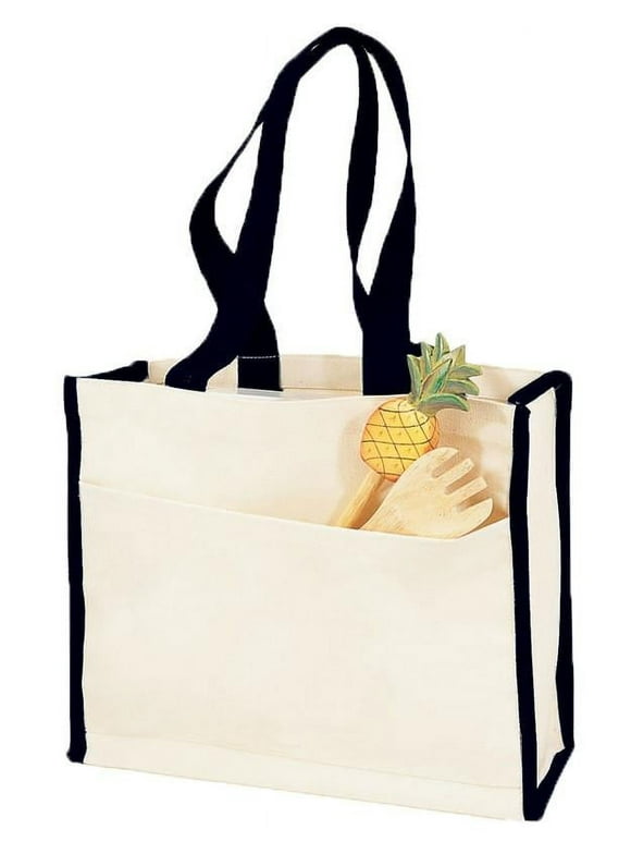 14" Cotton Canvas Colored Trim Shopping Tote Bag w/Large Front Pocket Pool Beach Travel Tote Bag