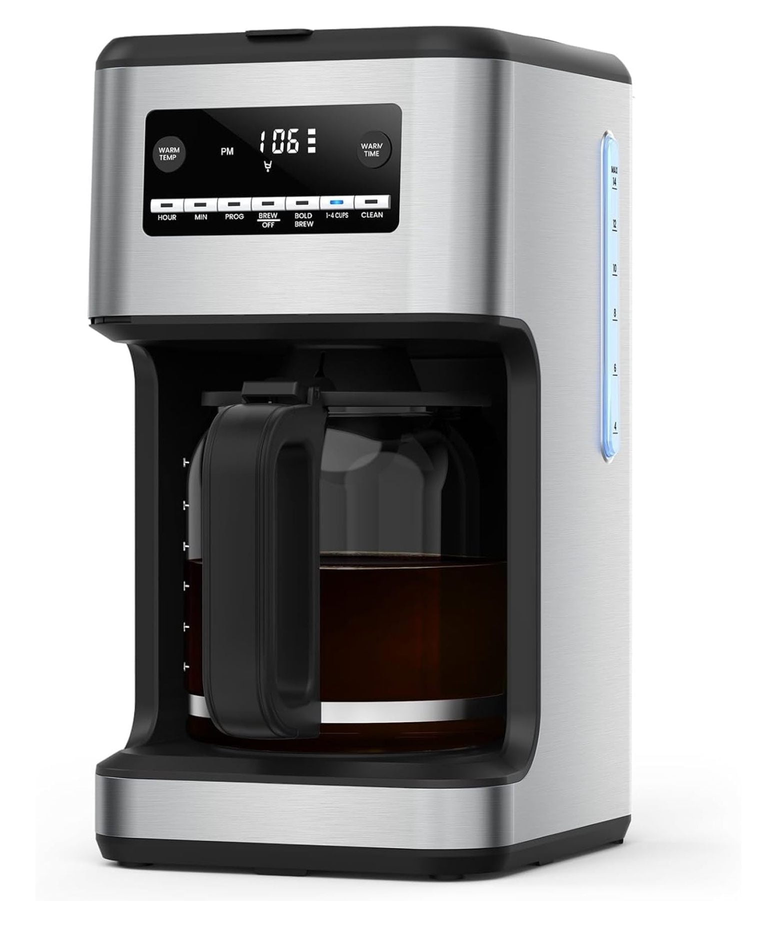14-Cup Coffee Maker, 24-Hour Programmable Coffee Brewer, Keep Warm, Drip Free, Washable Filter, Stainless Steel, Silver