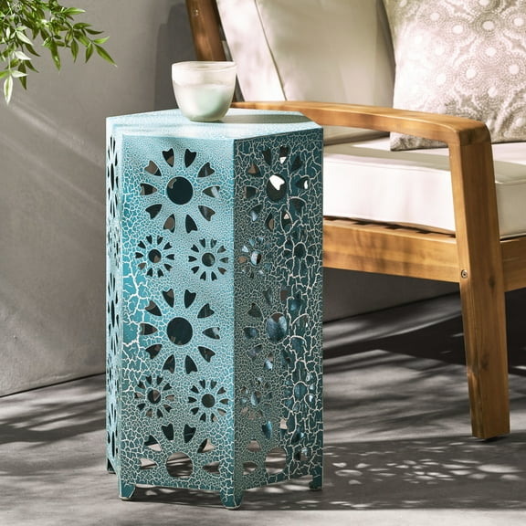 14" Cut Out Side Table In Teal Iron - For Patio Use, Beverage And Snack Design For Patio, With Place Beverages & Snacks