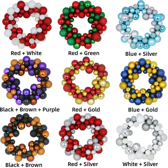 14'' DIY Christmas Ball Wreath Ornaments Glitter Thicken Shatterproof Garland Decoration for Door Wall Mantel Holiday Party