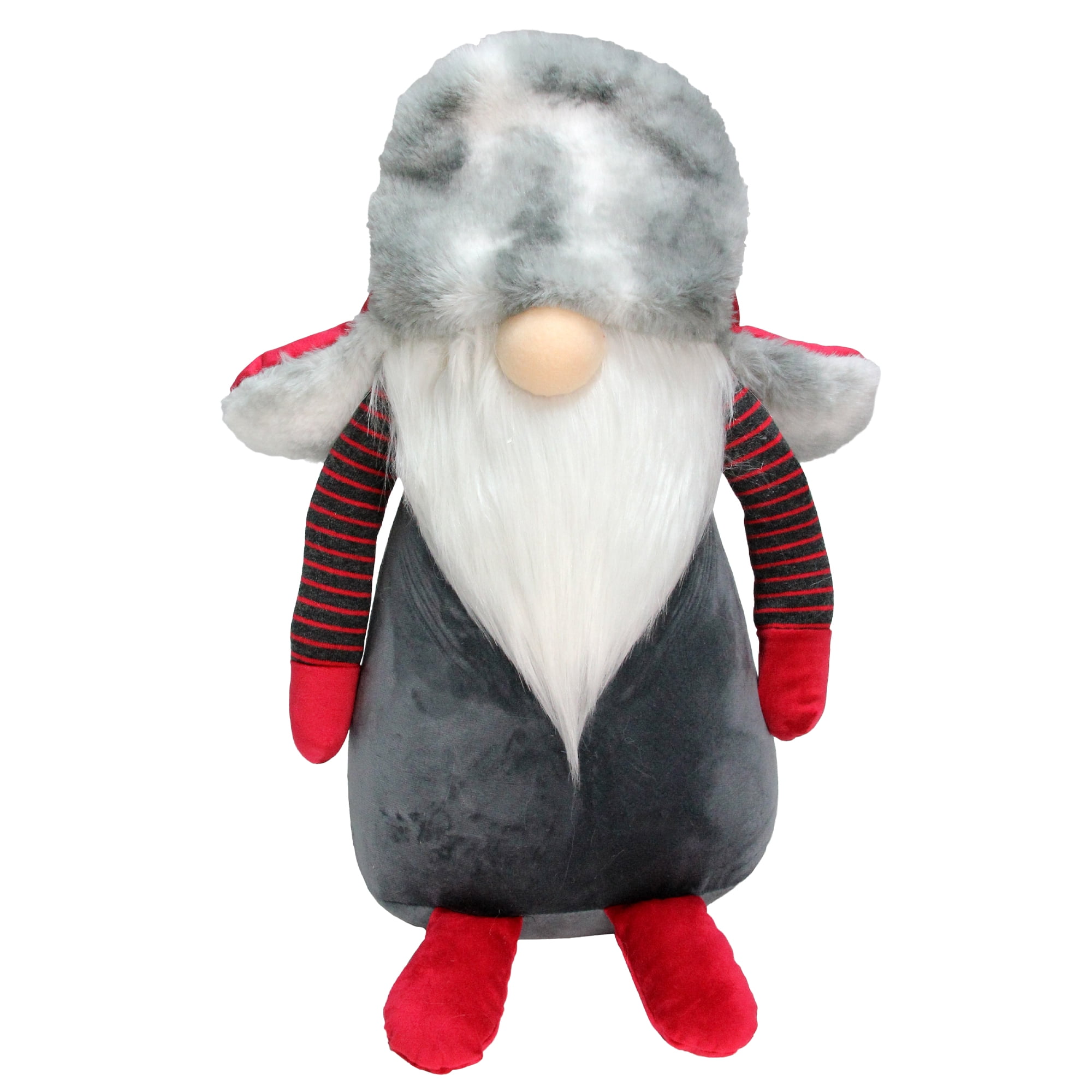 Northlight Gnome with Fur Trapper Hat and Striped Arms Christmas Figure - 14" - Grey and Red