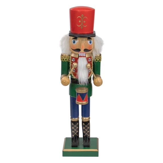 14" Decorative Green Red and Gold Wooden Christmas Nutcracker Drummer