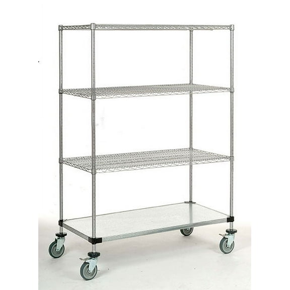 14" Deep x 48" Wide x 60" High 1200 lb Capacity Mobile Unit with 3 Wire Shelves and 1 Solid Shelf