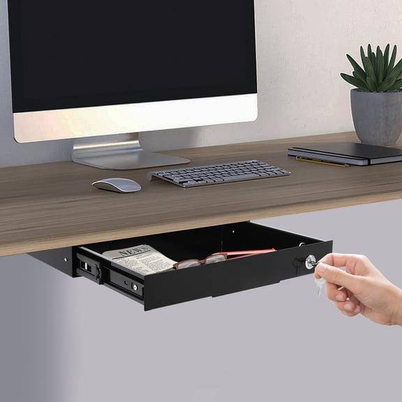 14" Under Desk Mounted Sliding Pull-Out Drawer, Hidden Office Counter Drawer with Lock, Space-Saving Storage Organizer Tray with Pull Handle, for Sit Stand Workstation (Black)