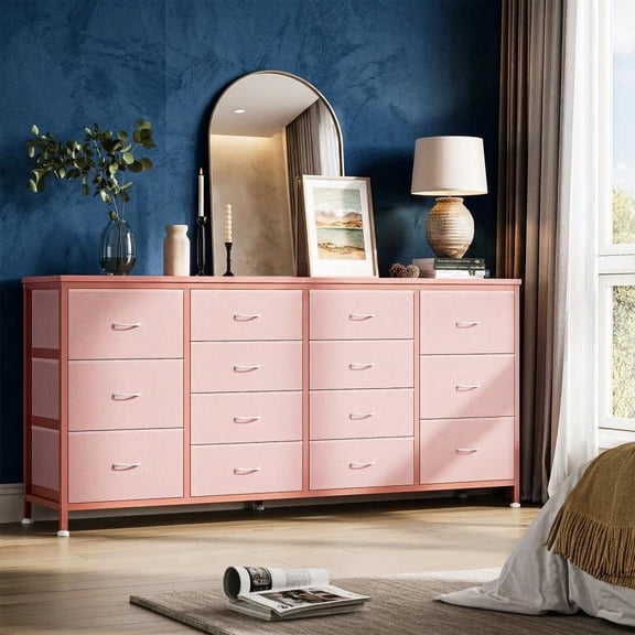 14 Drawer Dresser TV Stand 63" W, Built-In Power Outlets & USB Ports – Fabric Storage Organizer for Living Room or Bedroom