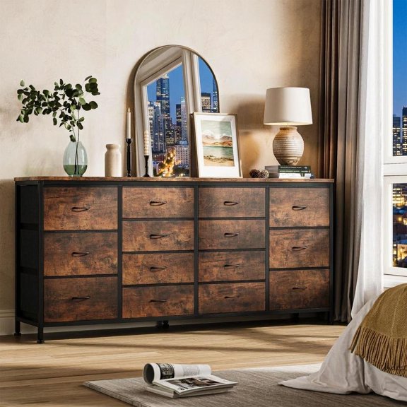 14 Drawer Dresser TV Stand 63" W, Built-In Power Outlets & USB Ports – Fabric Storage Organizer for Living Room or Bedroom