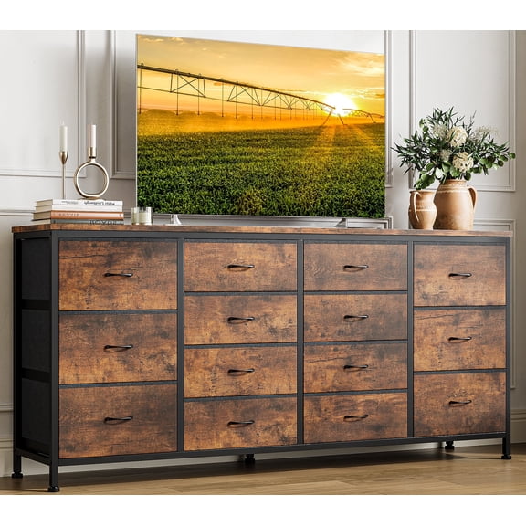 14-Drawer Dresser TV Stand with Power Outlet,TV Stand for 65/70/75-Inch TVs,Long Fabric Dresser for Bedroom, Living Room, Entryway,Brown