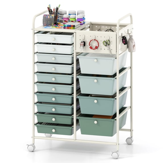 14-Drawer Rolling Storage Cart with Metal Tabletop and Pegboard, Scrapbook Paper Office School Organizer,Gradient Green