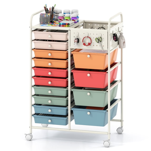 14-Drawer Rolling Storage Cart with Metal Tabletop and Pegboard, Scrapbook Paper Office School Organizer,Macaron