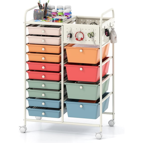 14 Drawer Storage Cart, Rolling Craft Cart with Metal Tabletop & Pegboard, Mobile Utility Organizer Trolley with Locking Wheels, Home Office, Macaron Multicolor