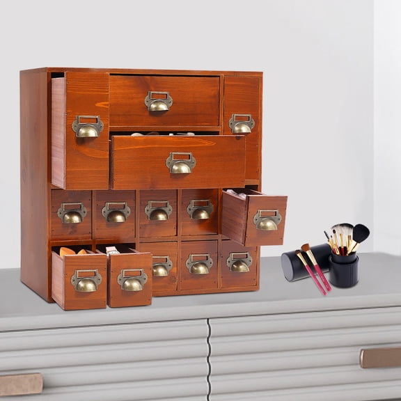 14-Drawer Vintage Storage Cabinet Box Tabletop Drawer Organizer Pharmacy Office Old Brown Color