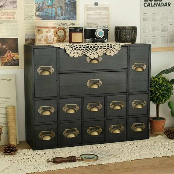 14 Drawers Apothecary Drawers Card Catalog Cabinet,Wooden Storage Box with Drawers,Library Card Catalog Cabinet for Desktop Organizer,Black