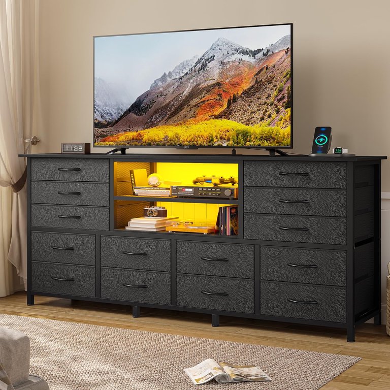 14 Drawers TV Stand Dresser for 45/55/65 inch TVs,57 inch Entertainment  Center with LED Lights & Power Outlets,Large Chest of Drawers for Bedroom,  ...