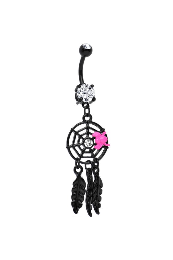 14 Dream Catcher Spider Web Belly Ring Dangle Black I.P. with Clear CZ Gem Women BodyJewelryOnline