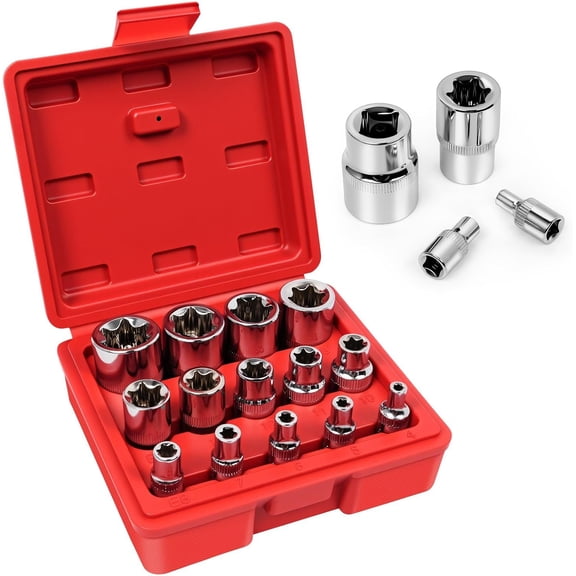 14- E-Torx Socket Set, 1/4" 3/8" 1/2" Drive, E4 to E24 External Torque Torx Sockets Kit with Storage Case for Automotive Repair & Maintenance