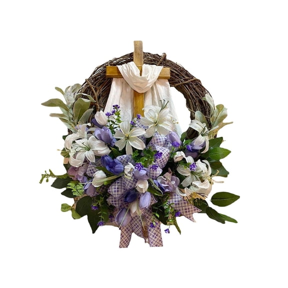 14" Easter Cross Wreaths Easter Decorations - Spring Front Door Easter Hangers - Religious Christian Church Easter Decor - Rustic Ornaments - Faith Spirit Easter Holiday Party Vintage Seasonal Props