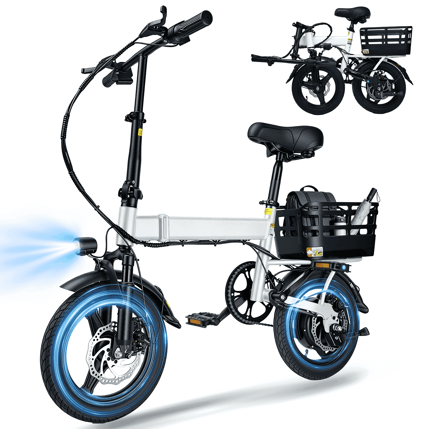 14" Folding Electric Bicycles with 350W Peak 500W,35 Miles 20MPH 12Ah Battery ,Ebike for Adults with Basket,UL2849