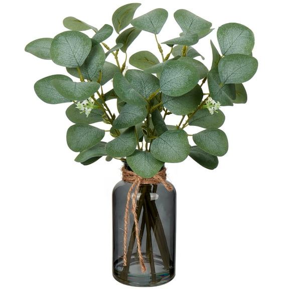 14" Eucalyptus Leaves Artificial Plant Stems in Black Glass Vase with Faux Water Home Office Farmhouse Wedding Centerpiece Décor